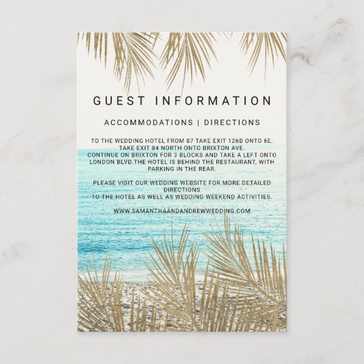 Moderne gouden palmboom strand insert details brui informatiekaartje (Voorkant)