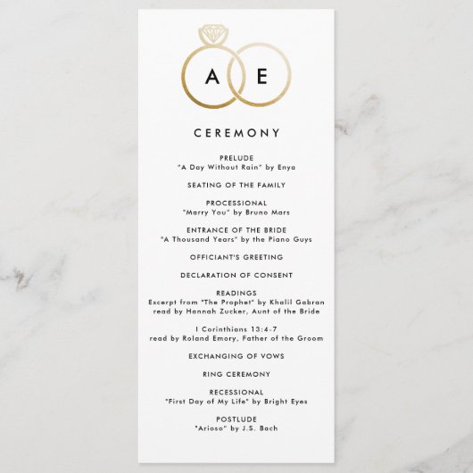 Moderne gouden ringen aangepaste bruiloft programm programma (Voorkant)