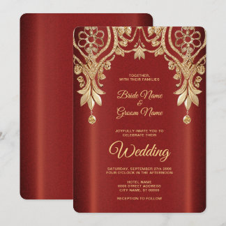 Moderne Gouden Rode Bloemen Huwelijksuitnodiging Kaart