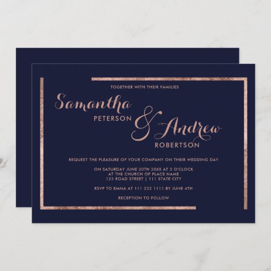 Moderne gouden roos marineblauw script bruiloft kaart (Voorkant / Achterkant)