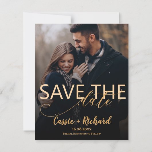 Moderne Gouden Schrift Foto Bruiloft Save the Date (Voorkant)