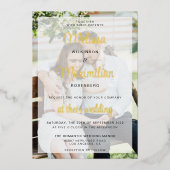 Moderne gouden script 2 foto's QR Code online RSVP Folie Uitnodiging (Voorkant)