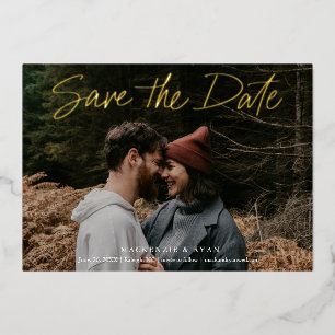Moderne gouden script minimale foto save the date folie uitnodiging
