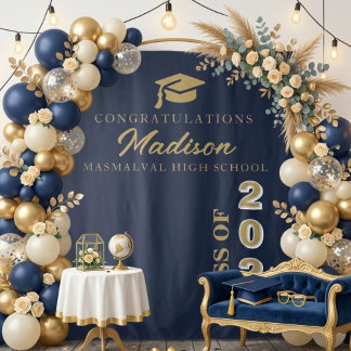 Moderne gouden script Navyblauwe afstuderen Wandkleed