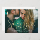 Moderne gouden scriptfoto's bruiloft met de datum save the date (Voorkant / Achterkant)