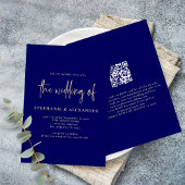 Moderne gouden scriptie Navy Blue QR-code bruiloft Kaart