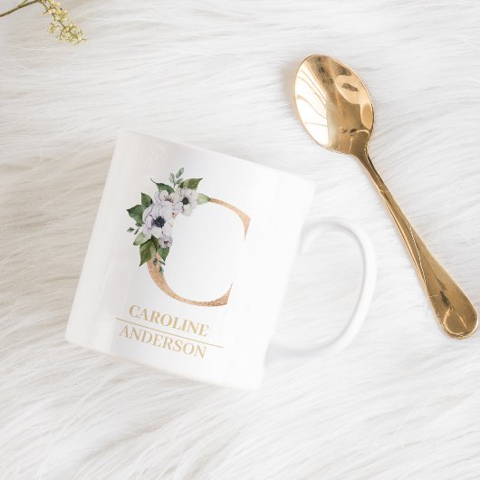 Moderne gouden Waterverf bloemletter C | Monogram Koffiemok
