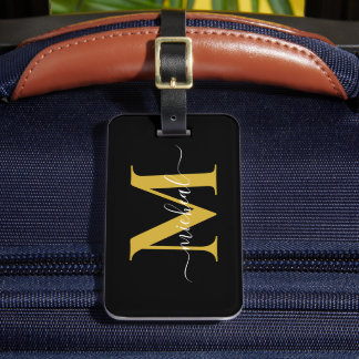Moderne Gouden & Zwarte Monogram Script Naam Bagagelabel