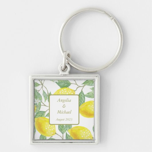 Moderne goudgele leemons - Groene lederen bruiloft Sleutelhanger (Voorkant)