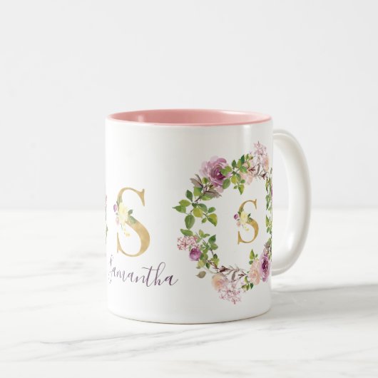 Moderne goudmonogram S Waterverf Floral Wreater Tweekleurige Koffiemok (Voorkant rechts)