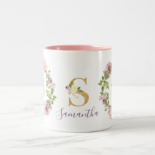 Moderne goudmonogram S Waterverf Floral Wreater Tweekleurige Koffiemok (Center)