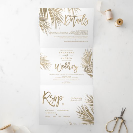 Moderne goudpalm elegant bruiloft drieluik uitnodiging (Binnen)