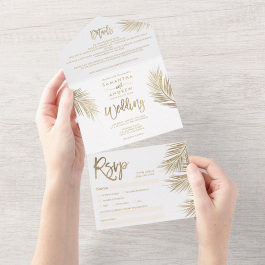 Moderne goudpalm tropische bruiloft all in one uitnodiging (Afscheurbaar)