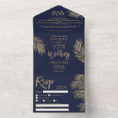 Moderne goudpalmboom tropische marineblauwe bruilo all in one uitnodiging (Binnen)