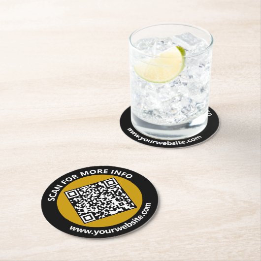 Moderne goudzwarte QR-code - Aangepaste wittekst Ronde Kartonnen Onderzetter (Insitu)