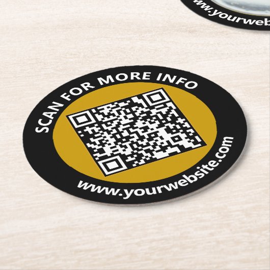 Moderne goudzwarte QR-code - Aangepaste wittekst Ronde Kartonnen Onderzetter (Gebogen)