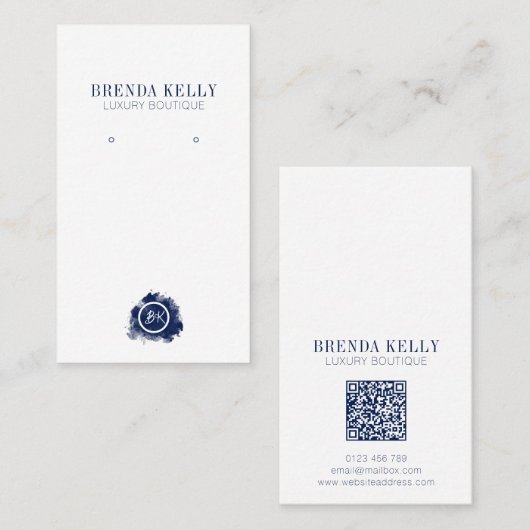 Moderne Grafische monogram marine & Witte QR Code  Visitekaartje (Voorkant / Achterkant)