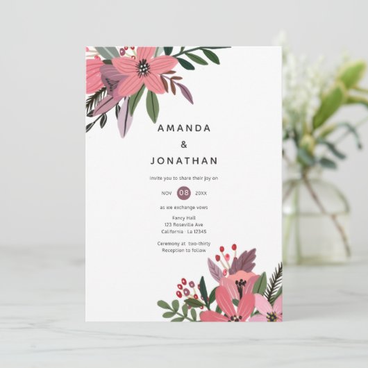 Moderne grandeur pruim en roze bloemenbruiloft kaart (Staand voorkant)