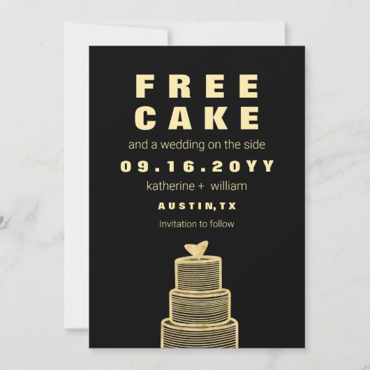 Moderne Grappige Gratis Cake Nep Goud Folie Bruilo Save The Date (Voorkant)
