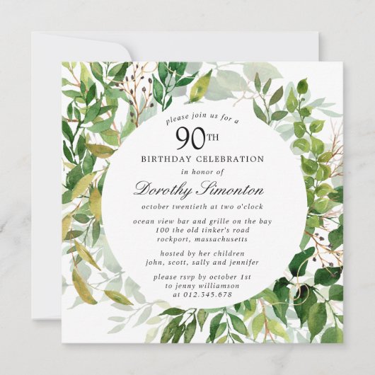 Moderne Green Botanical 90e Invitation d'anniversa (Devant)