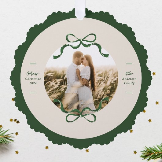 Moderne Green Bows Kerstfoto Ornament Kaart