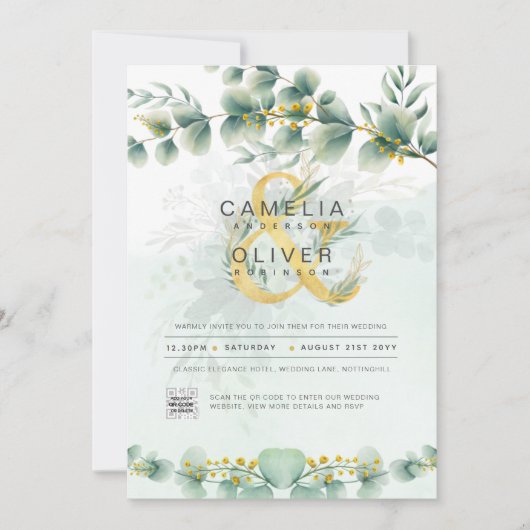 Moderne Greenery Botanical Gold Wedding Invitation Kaart (Voorkant)