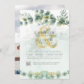 Moderne Greenery Botanical Gold Wedding Invitation Kaart (Voorkant / Achterkant)