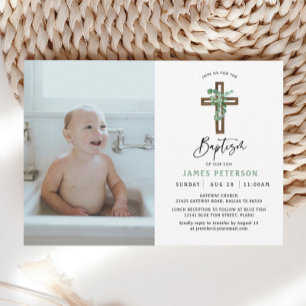 Moderne Greenery Boy Baptism Celebration Foto Kaart