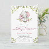 Moderne Greenery Elephant Girl Baby shower Kaart (Staand voorkant)
