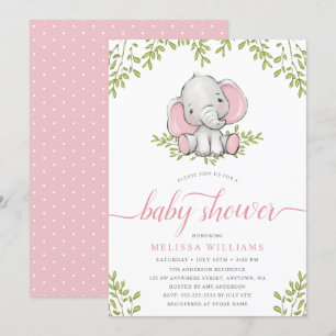 Moderne Greenery Elephant Girl Baby shower Kaart