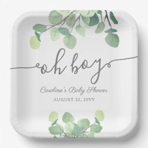 Moderne Greenery Eucalyptus Oh Boy Baby shower Pap Papieren Bordje