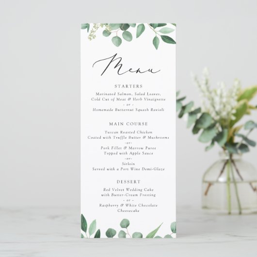 Moderne Greenery Eucalyptus Typography Leaf Weddin Menu (Staand voorkant)