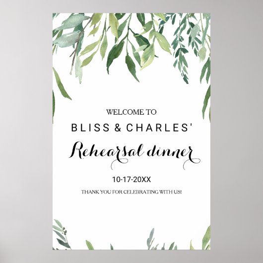 Moderne Greenery Foliage Rehearsal diner Welkom Poster (Voorkant)