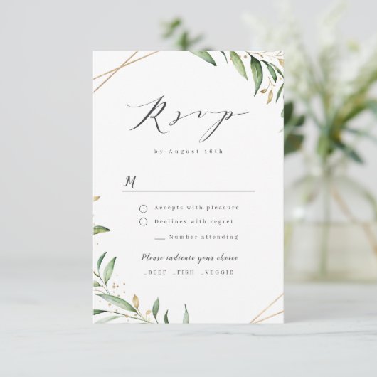 Moderne Greenery Geometric Rustic Wedding RSVP Kaa (Staand voorkant)