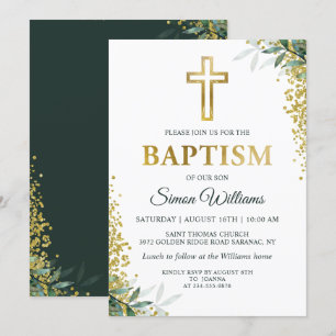 Moderne Greenery Gold Cross Glitter Baptisme Kaart