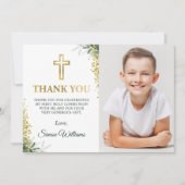 Moderne Greenery Gold Cross Glitter First Communit Bedankkaart (Voorkant)
