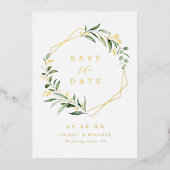 Moderne Greenery Gold Geometric bewaar de datum Folie Uitnodiging (Voorkant)