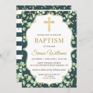 Moderne Greenery Gold Glitter Baptisme Invitation Kaart
