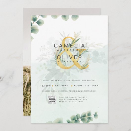 Moderne Greenery PHOTO Weddenschap QR CODE Kaart (Voorkant / Achterkant)