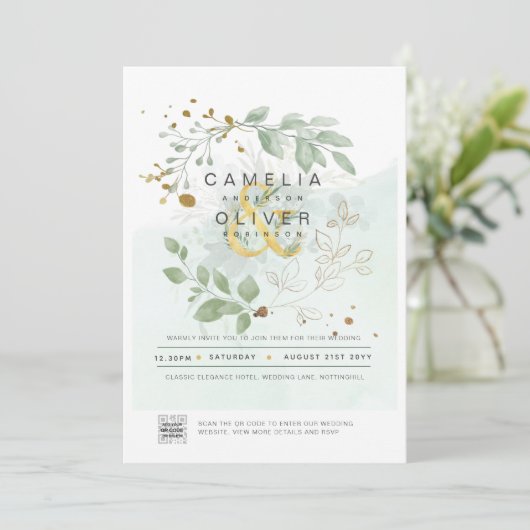 Moderne Greenery PHOTO Weddenschap QR CODE Kaart (Staand voorkant)