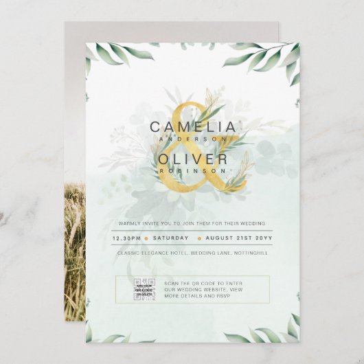 Moderne Greenery PHOTO Weddenschap QR CODE Kaart (Voorkant / Achterkant)