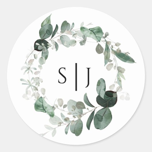Moderne Greenery White Monogram Wedding Sticker (Voorkant)