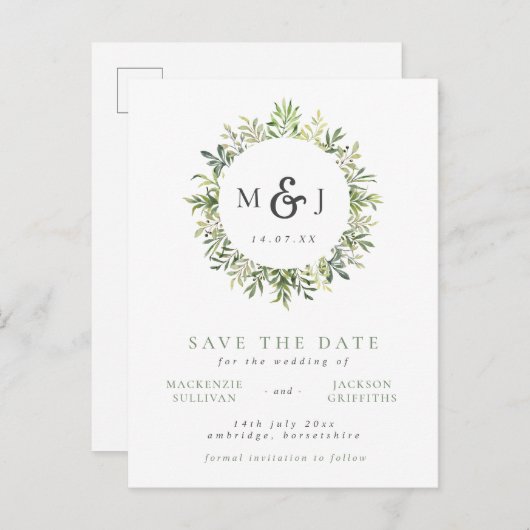 Moderne Greenery Wreath Monogram Weddenschap spare Aankondigingskaart (Voorkant / Achterkant)