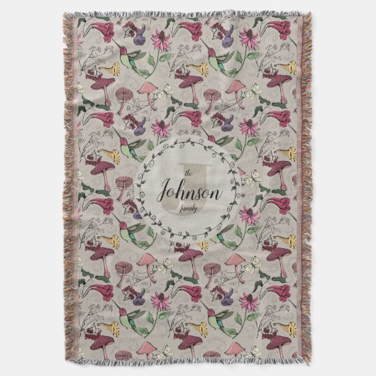 Moderne Greige familienaam kolibrie & bloemen Deken (Voorkant Verticaal)