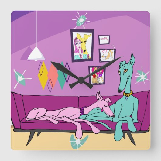 Moderne Greyhound Art uit het midden van de eeuw Vierkante Klok (Voorkant)