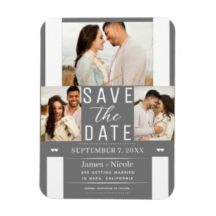 Moderne Grijs Witte Save the Date 3 Foto Bruiloft Magneet