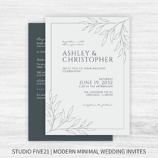 Moderne Grijze Bladzijde Omtrek All-in-One Bruilof Kaart