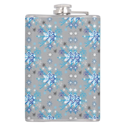 Moderne grijze en blauwe sneeuwvlokken heupfles (Achterkant)