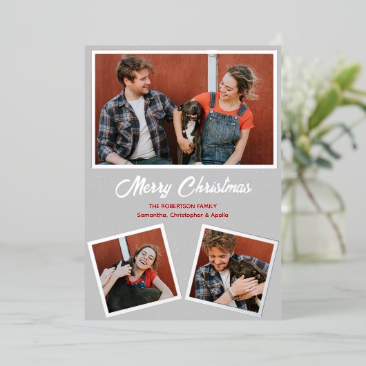 Moderne grijze en rode Feestdagen Wenskaart Folie Uitnodiging (Staand Voorkant)