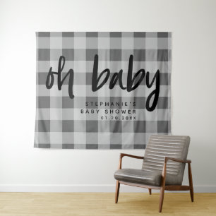 Moderne Grijze Gingham Baby Shower Achtergrond Wandkleed